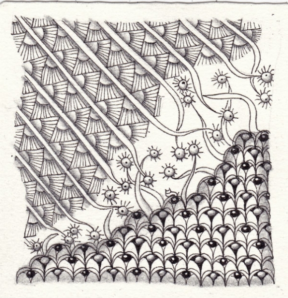 Ein Zentangle aus den Mustern Lily-eyes, Lila, Sonnenband,  gezeichnet von Ela Rieger, CZT
