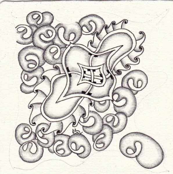 Ein Zentangle aus den Mustern MiWo2, Dragonair, Loop de Loop,  gezeichnet von Ela Rieger, CZT