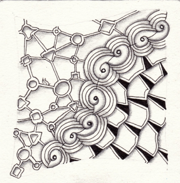 Ein Zentangle aus den Mustern LinkUm, Shing, Rashell,  gezeichnet von Ela Rieger, CZT