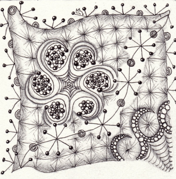 Ein Zentangle aus den Mustern Reel, Ilana, Jax,  gezeichnet von Ela Rieger, CZT