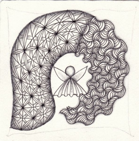 Ein Zentangle aus den Mustern Rimala, Crux, Warped Eggs,  gezeichnet von Ela Rieger, CZT