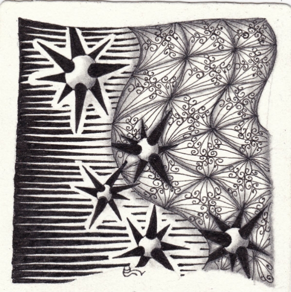 Ein Zentangle aus den Mustern Spikor3, Comb, Window Grilles,  gezeichnet von Ela Rieger, CZT
