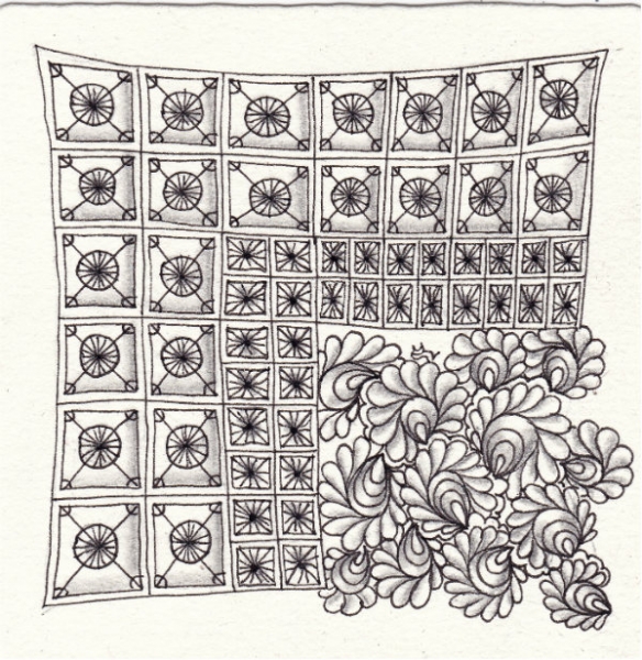 Ein Zentangle aus den Mustern U-Wien, Feathered Clam Shells, Bateek,  gezeichnet von Ela Rieger, CZT