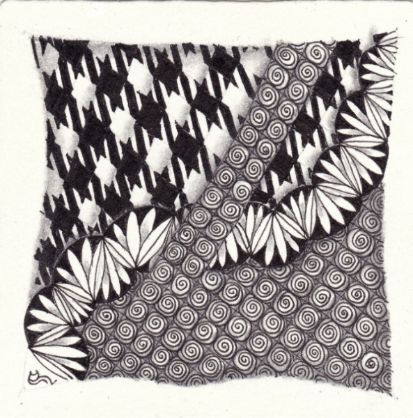 Ein Zentangle aus den Mustern Amun, Tortuca, Bitten,  gezeichnet von Ela Rieger, CZT