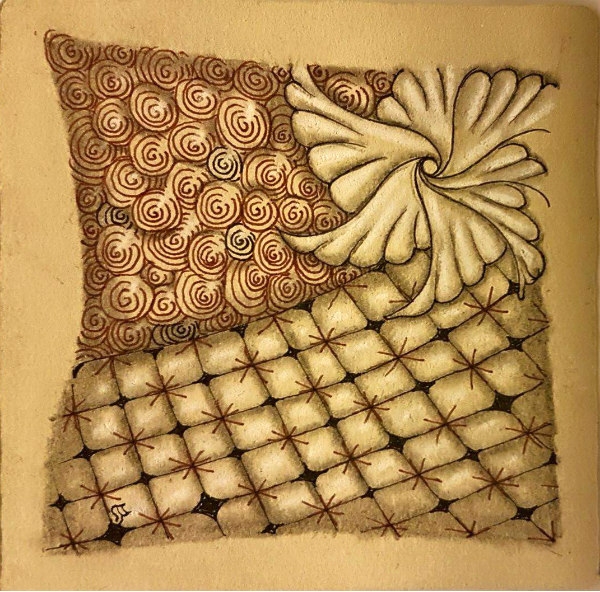 Ein Zentangle aus den Mustern Drawings, Printemps, Pomx2,  gezeichnet von Ela Rieger, CZT
