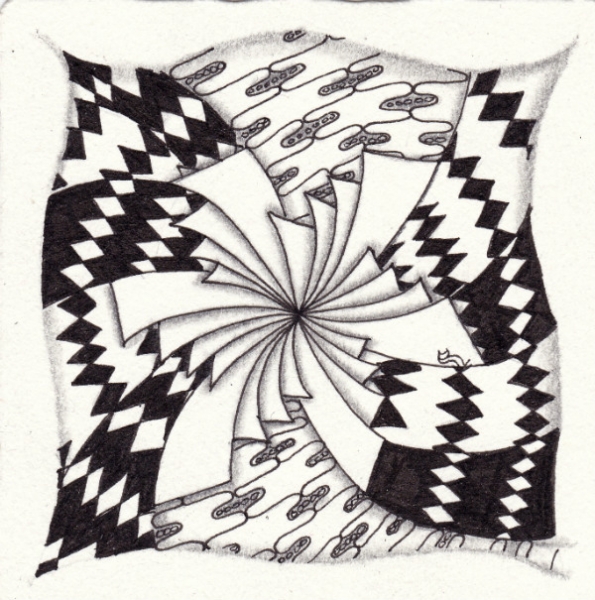 Ein Zentangle aus den Mustern Leafing, Charlie, Codigo,  gezeichnet von Ela Rieger, CZT