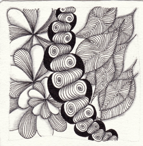 Ein Zentangle aus den Mustern Naida, Cloudfall, Batter,  gezeichnet von Ela Rieger, CZT