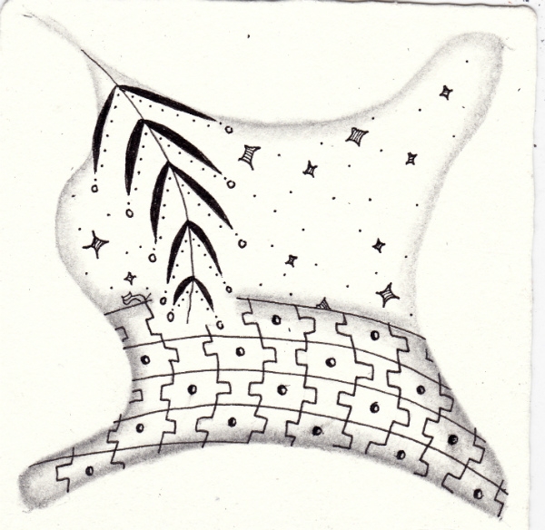 Ein Zentangle aus den Mustern Starry Night, Charlotte, Waterstals,  gezeichnet von Ela Rieger, CZT