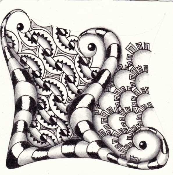 Ein Zentangle aus den Mustern Vista, BTL Joos, Akirfa,  gezeichnet von Ela Rieger, CZT