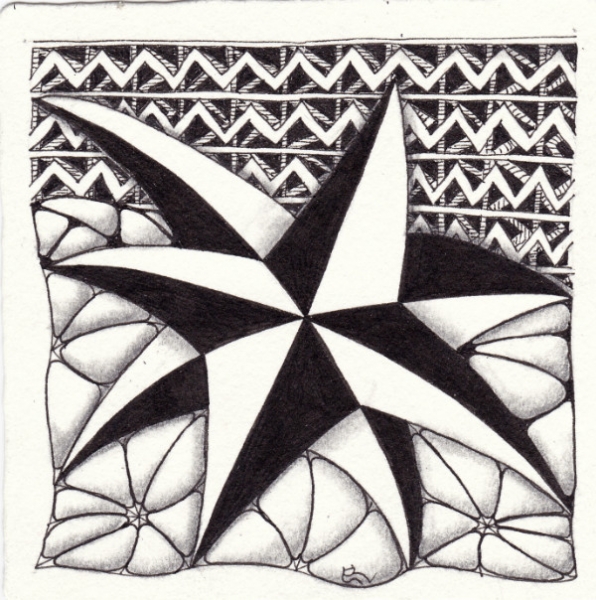 Ein Zentangle aus den Mustern Wei, Nzeppel, Ziggy,  gezeichnet von Ela Rieger, CZT