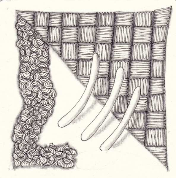 Ein Zentangle aus den Mustern Bender, Lichen, Barquillos,  gezeichnet von Ela Rieger, CZT