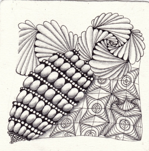 Ein Zentangle aus den Mustern Bugle, Purk, Hamadox,  gezeichnet von Ela Rieger, CZT