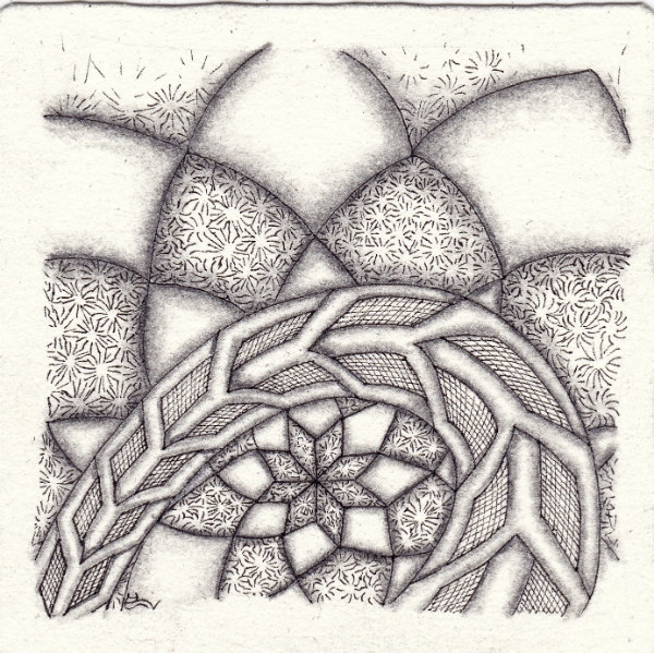 Ein Zentangle aus den Mustern Dreamcatcher, CO2, Cabana,  gezeichnet von Ela Rieger, CZT