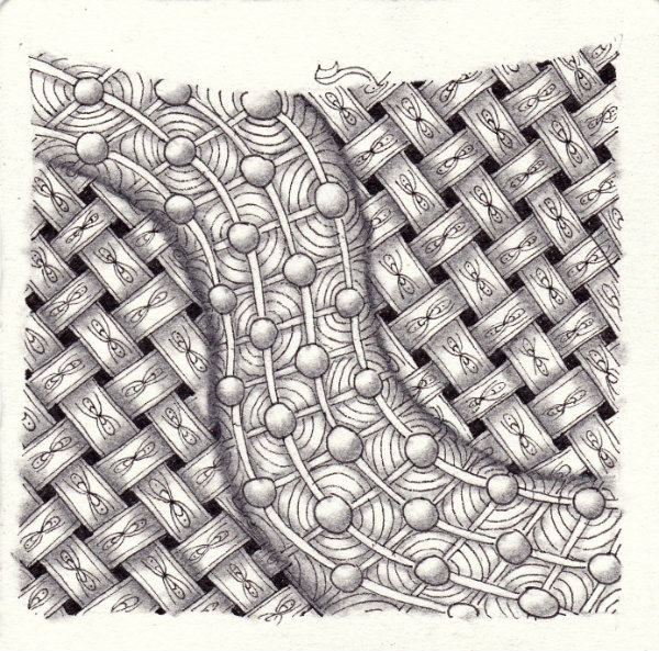 Ein Zentangle aus den Mustern Antz, W2, Ciceron,  gezeichnet von Ela Rieger, CZT