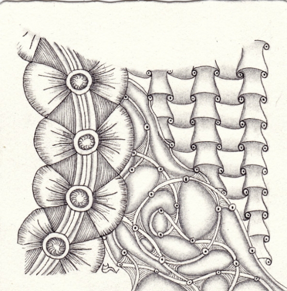 Ein Zentangle aus den Mustern Blackgrained, Funls, Bridgen,  gezeichnet von Ela Rieger, CZT