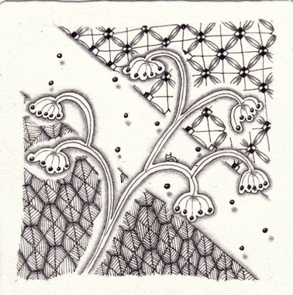 Ein Zentangle aus den Mustern Buddea, Bucky, Tour,  gezeichnet von Ela Rieger, CZT