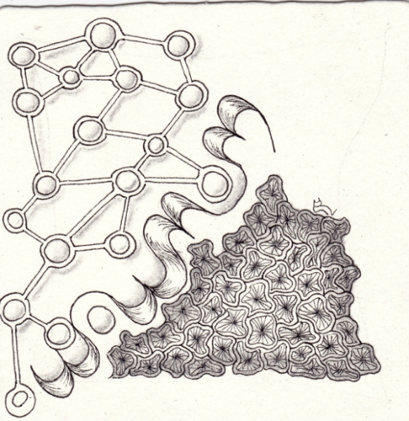 Ein Zentangle aus den Mustern WOWMOM, Vache 1, Metroz,  gezeichnet von Ela Rieger, CZT