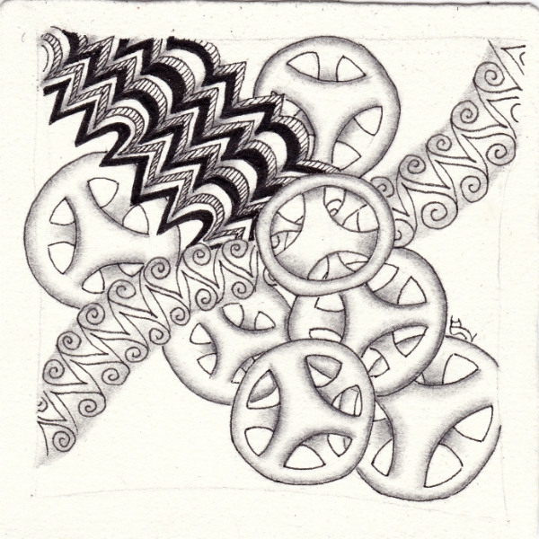 Ein Zentangle aus den Mustern Versus, Parch, Volan,  gezeichnet von Ela Rieger, CZT