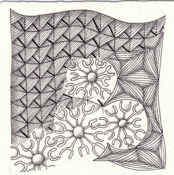 Ein Zentangle aus den Mustern Yalla, Brella, Fassettoo,  gezeichnet von Ela Rieger, CZT