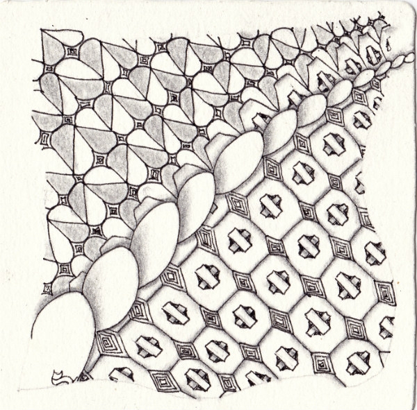 Ein Zentangle aus den Mustern 1-Horn, Bellamy, Heart S,  gezeichnet von Ela Rieger, CZT