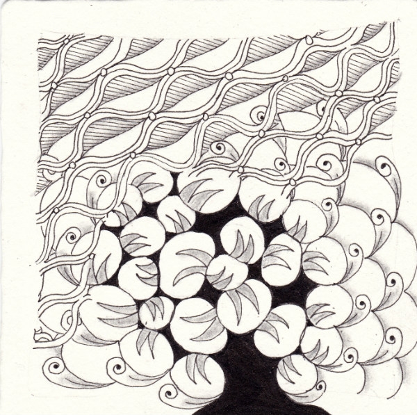 Ein Zentangle aus den Mustern Enflamed Bubbles, Maisie, C-Six,  gezeichnet von Ela Rieger, CZT