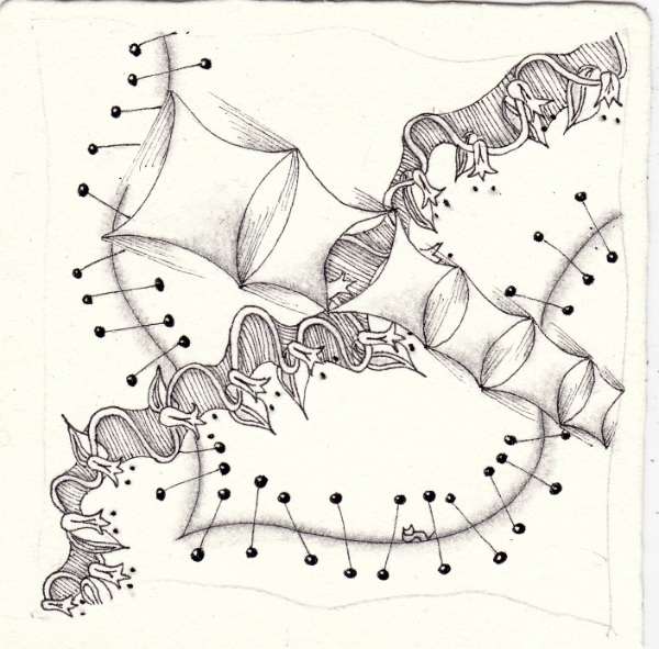 Ein Zentangle aus den Mustern Flying carpet, Tule, Wired,  gezeichnet von Ela Rieger, CZT