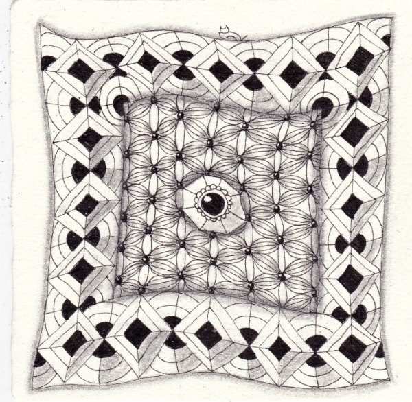 Ein Zentangle aus den Mustern Gemz, Cyra, Chain Link,  gezeichnet von Ela Rieger, CZT