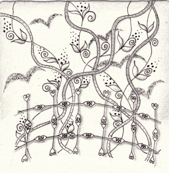 Ein Zentangle aus den Mustern Heart Swirls Border, Nappi, Oolong,  gezeichnet von Ela Rieger, CZT