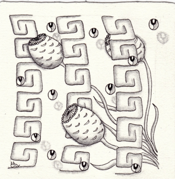 Ein Zentangle aus den Mustern Egyp, Snircles, Tropicapod,  gezeichnet von Ela Rieger, CZT