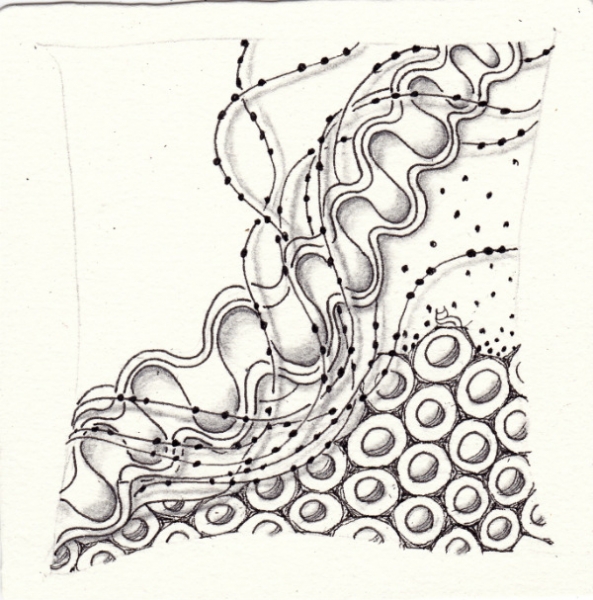 Ein Zentangle aus den Mustern Crest, Beadlines, Nutz,  gezeichnet von Ela Rieger, CZT