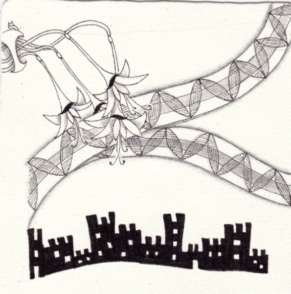 Ein Zentangle aus den Mustern Castle, Paris, Tuberitz,  gezeichnet von Ela Rieger, CZT