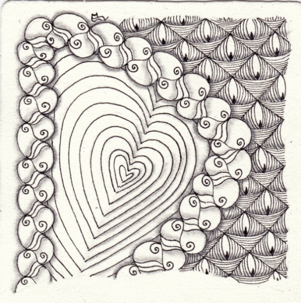 Ein Zentangle aus den Mustern CC, Kisses, Onion Heart,  gezeichnet von Ela Rieger, CZT