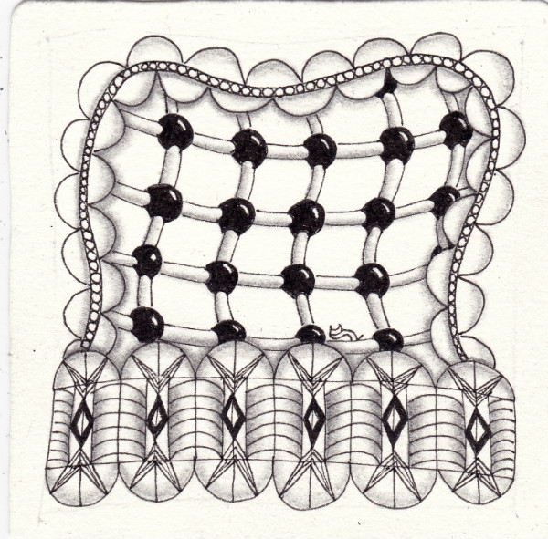 Ein Zentangle aus den Mustern Curly-Wurly, Chemystry, Molly,  gezeichnet von Ela Rieger, CZT