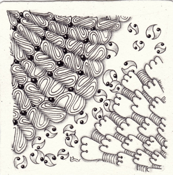 Ein Zentangle aus den Mustern Ace, Henna M, Heart Devided,  gezeichnet von Ela Rieger, CZT