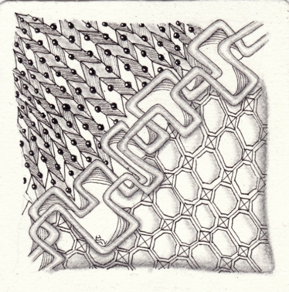 Ein Zentangle aus den Mustern Hex-Weve, Zuko, Sprix,  gezeichnet von Ela Rieger, CZT