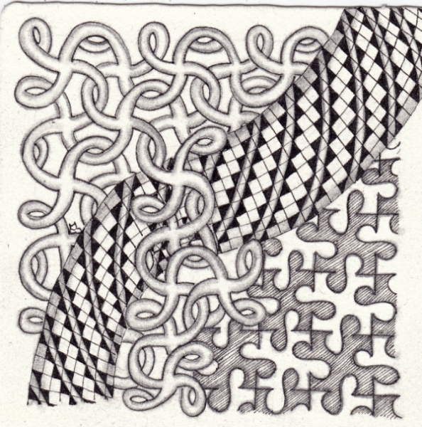 Ein Zentangle aus den Mustern Knicki, Clockwises, Heavenly,  gezeichnet von Ela Rieger, CZT