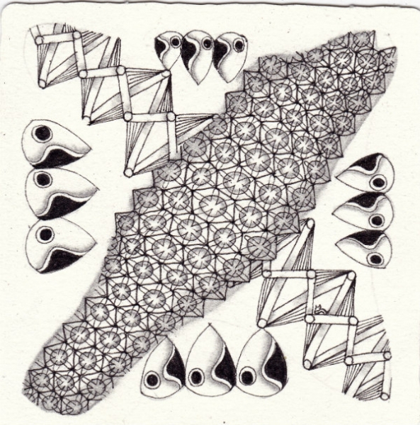 Ein Zentangle aus den Mustern Zollstock, Mask, Oskie,  gezeichnet von Ela Rieger, CZT