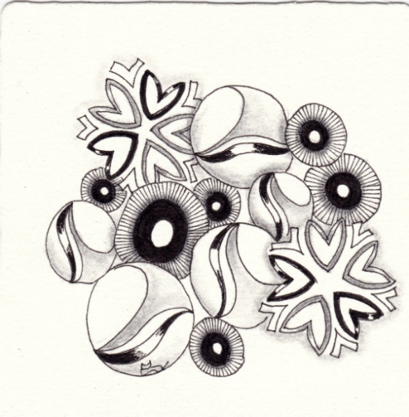 Ein Zentangle aus den Mustern Reye, Murmylies, Sacura,  gezeichnet von Ela Rieger, CZT