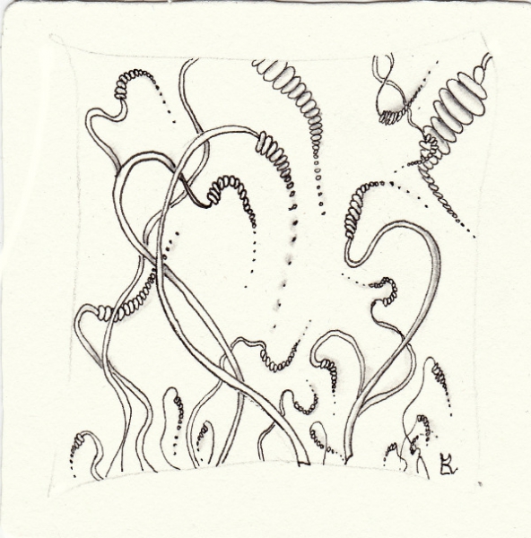 Ein Monotangle mit dem Zentangle®-Muster Zinger, gezeichnet von Ela Rieger, CZT, präsentiert im ElaToRium